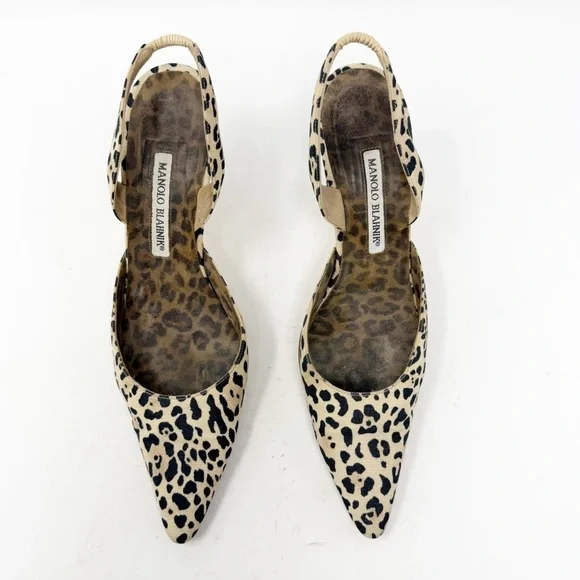 Manolo Blahnik Carolyne Leopard Print Canvas Slingback Heels Womens Size EU 38.5 - Picture 2 of 9